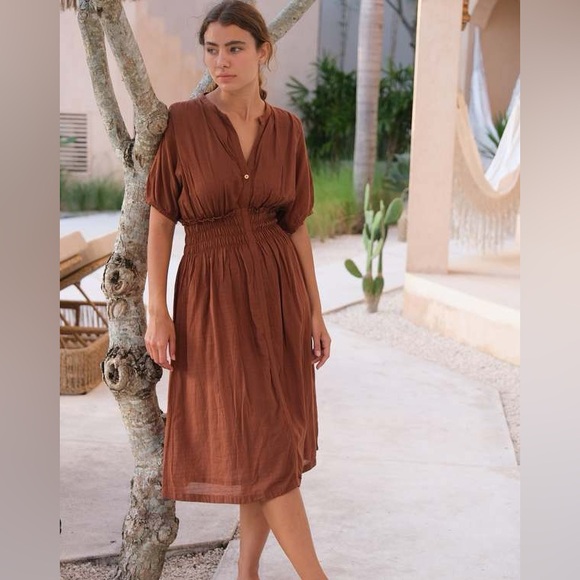 World of Crow Brown Elasticized Midi Dress Sz S - Picture 2 of 14